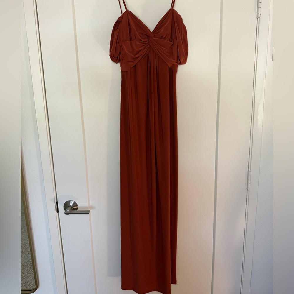 David’s bridal DB celebration in cinnamon bridesmaid dress, wedding guest